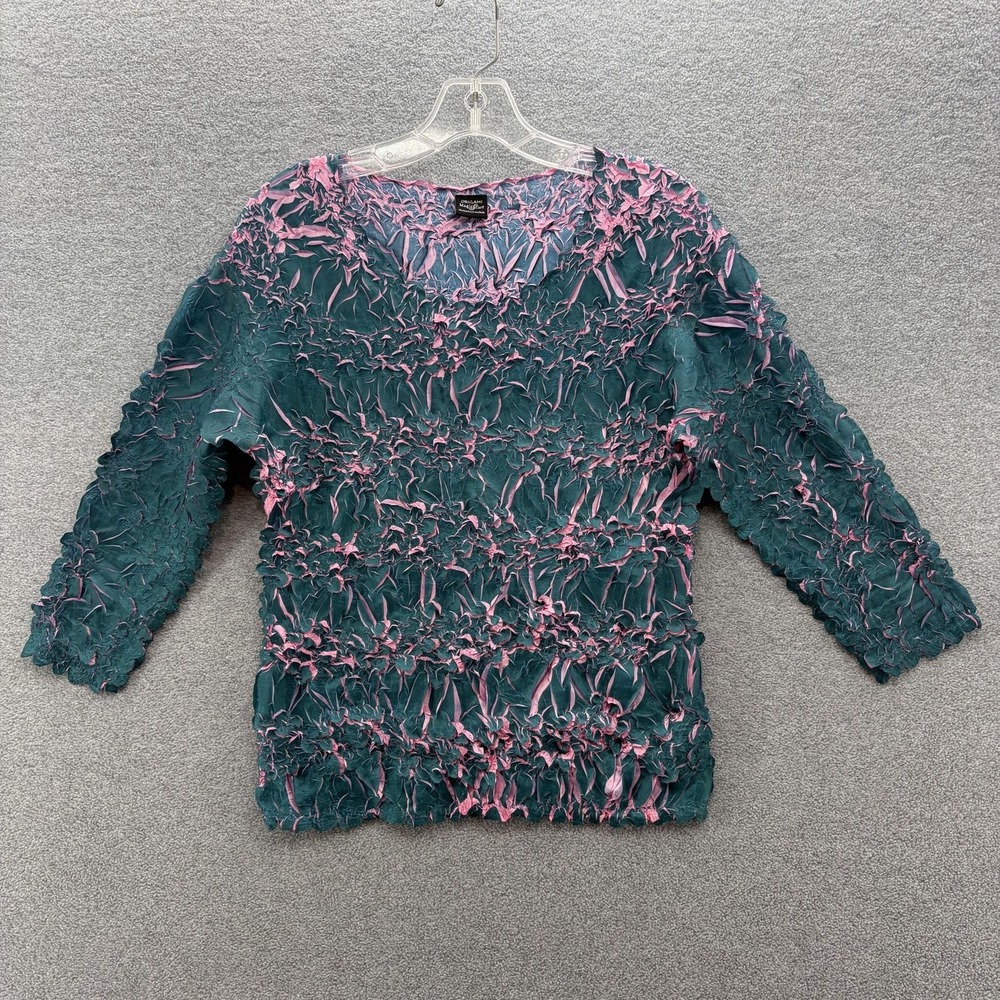 Origami Magic Scarf Blouse Womens One Size Green Pink Crinkle Stretch Ruffle Top